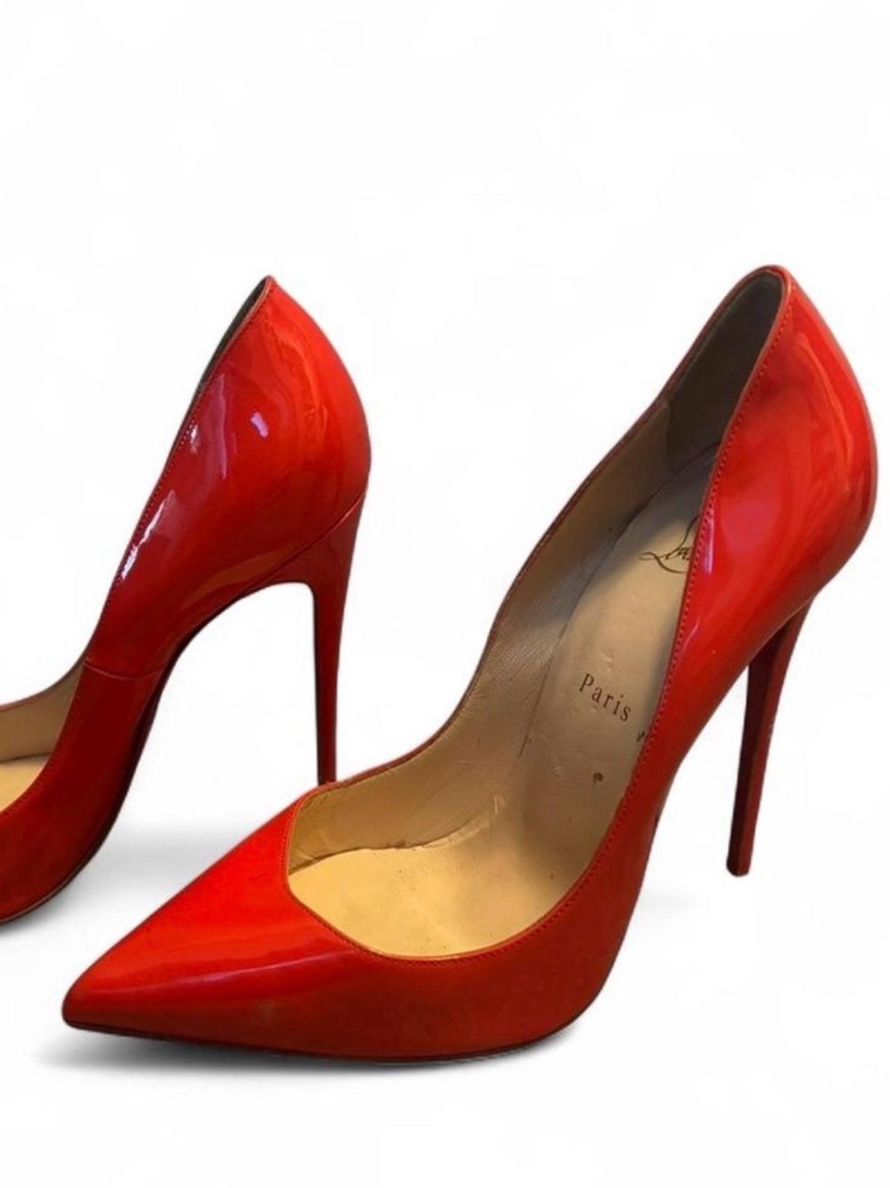 Christian Louboutin orange Patent Pointed-Toe Stiletto Pumps